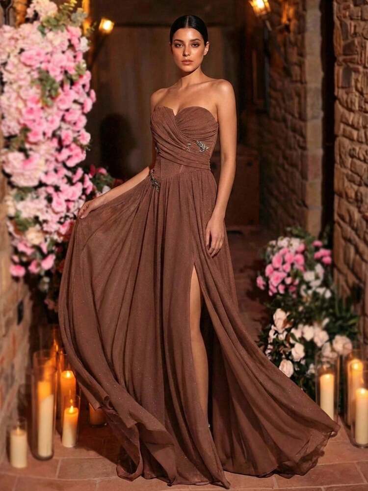 brown a line wedding guest dress Glamrae Elegant Luxury Open Shoulder Pleated A-Line Dress,Minimalist Knitted Elastic Evening Gown,Business Formal & sakshi sharma Available in S Size:38/M Beaded Black High Neck