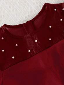 Girls' Elegant Minimalist Fashion Round Neck Raglan Long Sleeve Mesh Patchwork 3D Pearl Decor High Waist Solid Color Maxi Loose Jumpsuit, Suitable For Formal Occasions, Graduation, Party, Christmas, Wine Red - Burgundy - View 3