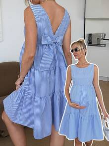 SHEIN Maternity Summer Casual Vacation Striped Print Sleeveless Tiered Hem Dress, Suitable For Daily Commute Blue And White Striped Dress Maternity Summer Dress Pregnant Outfits Summer Summer Casual Dress Nursing Dress Tie Back Dress Tiered Mini Dress Vacation Dress - Blue and White - View 4