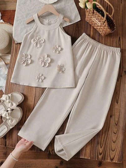 Vintaside Kids 2pcs/Set Girls 3D Floral Vest Top And Solid Color Pants, Suitable For Outdoor, Vacation And Summer Activities