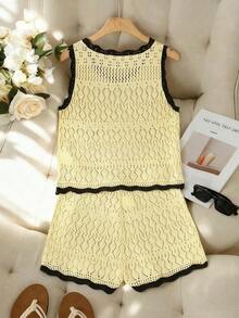 SHEIN Franclia 新款简约夏日度假风优雅镂空波浪领性感吊带背心修身显瘦沙滩度假撞色无袖针织女式毛衣两件套 - 淡黃色 - 查看 2