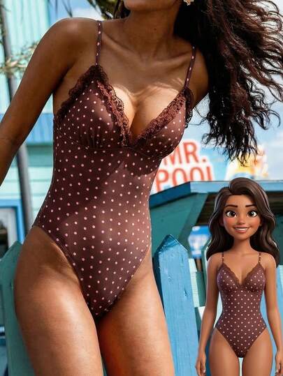 Swim Mod 女士波点蕾丝装饰海岛海滩度假甜美风连体泳衣，可调节肩带，休闲泳装，适合游泳池派对、春夏穿着