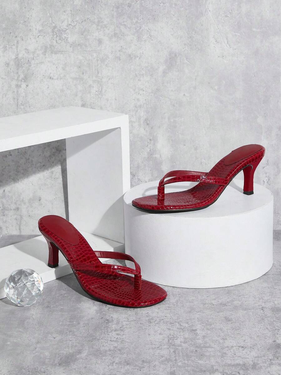 SHUZIA 女士简约樱桃红漆皮 PU 人字跟凉鞋 - 酒紅色 - 查看 1