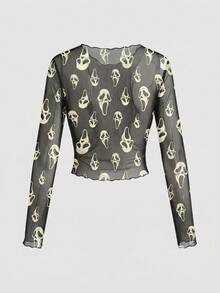 ROMWE Gothic Skull Mask, Mysterious & Terrifying, Sexy Sheer Mesh Crop Top For Music Festival, Punk Rock, Plus Size - Black - View 2
