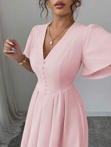 Elenzga Women's Light Pink Summer Elegant Tea Party V-Neck Petal Sleeve Ruffle Hem Elastic Waist Short Dress,Casual Commute Vacation Formal High Quality - Pink - View 6