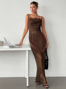 Siren Gaze Women Cowl Neck Satin Lace Insert Maxi Dress Chocolate Brown Sheer Mesh Party Dress For Evening Party Date, Elegant Satin & Lace Splice Spaghetti Strap Dress, Wedding Guest, Party, Evening Gown - Brown - View 4