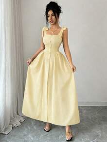 Elenzga 新款系带肩部纹理双色编织中长连衣裙，青春优雅百搭的办公服饰 - 鵝黃色 - 查看 4