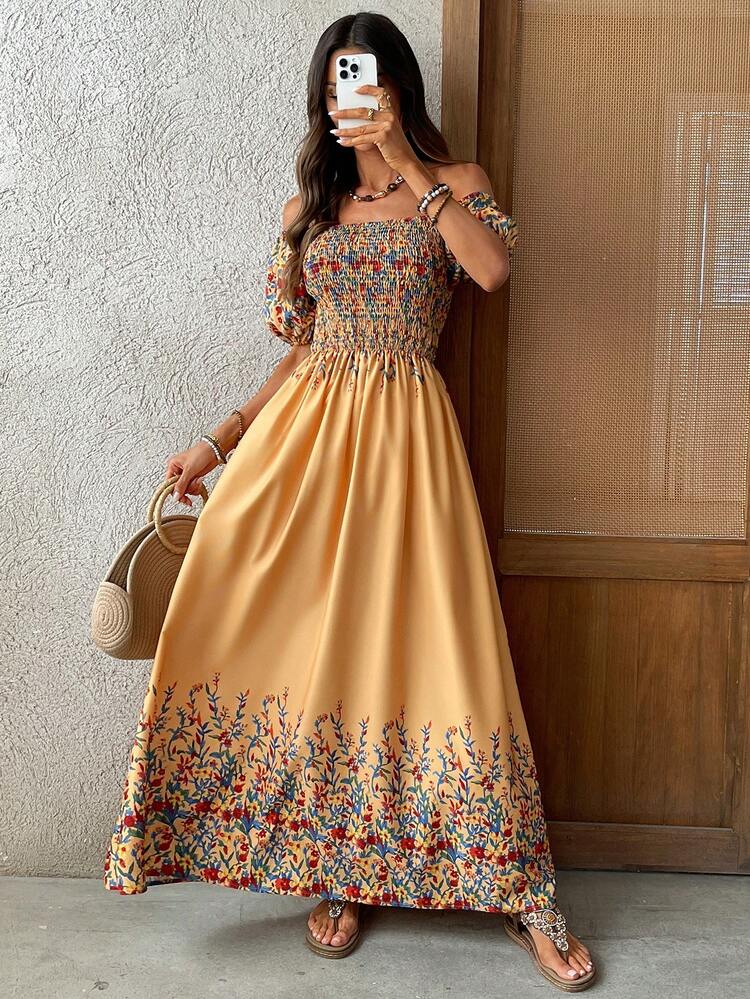 Women's Floral Print Off-Shoulder Petal Sleeve Long Dress, Fashionable Holiday Style Going Out Outfit Summer Dresses For Women Summer Holiday Outfits Vacation Dresses Holiday Dresses Going Out Dresses Summer Outfit For Women Beach Dress Elegant Dresses For Women Beach Dresses For Women Beautiful Dresses For Women Beach Dress Floral Dresses For Women