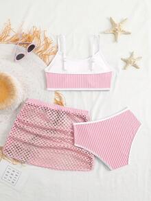SHEIN 3件套女童比基尼套装，特殊面料，夏季沙滩泳装 - 粉色 - 查看 2