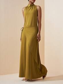 Zivah 2026 春季新款地中海度假风音乐节复活节弹力针织露背系带长裙，棕色、黄色、绿色可选 - 黃色 - 查看 3