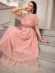 VOLUPTÉ CURVE 大码春夏雪纺连衣裙，高领荷叶袖，高腰珍珠系带拼接长裙，适合派对、度假、约会、生日、早午餐等场合。 - 粉色 - 查看 9