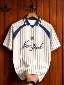 Aesthetic Post 复古美式字母徽章条纹 Polo 衫，夏季撞色宽松休闲棒球短袖上衣，休闲运动衫 - 彩色 - 查看 7