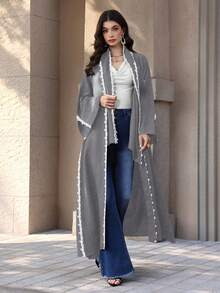 Yasmyna Áo choàng Abaya tay dài dáng rộng, phối ren, dành cho nữ - Màu Xám nhạt - Xem 6