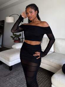 Tyla Gomez 一字肩短款上衣和褶邊鉛筆裙 - 黑色 - 查看 6