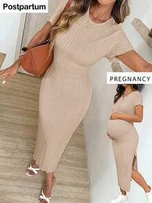 SHEIN Maternity Solid Color Minimalist Daily Wear Round Neck Short Sleeve Dress - Apricot - View 8