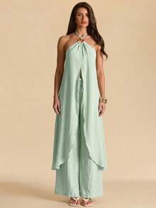 SHEIN BAE Set casual da donna per vacanze, composto da top verde con decorazione in resina a cerchio e pantaloni lunghi ampi, adatto per vacanze casual, spiaggia, uso quotidiano, pendolarismo, vacanze, spiaggia, set comodo, completo verde - Verde - Visualizzare 5