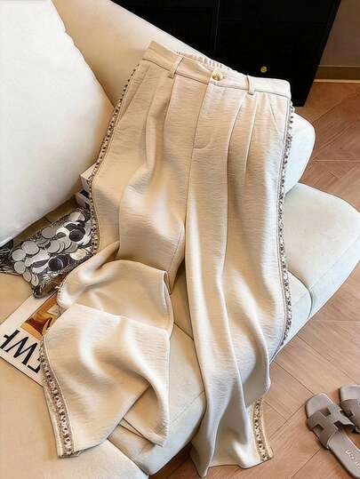 GlowEve Quần ống rộng bằng vải lanh màu mơ trơn, dáng suông, phối sequin và ren, cạp cao, ôm dáng, thích hợp cho đi biển, mặc hàng ngày, đi làm, hẹn hò, nghỉ lễ, mùa xuân và mùa hè.