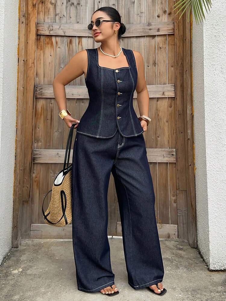 Dazy Plus Spring & Summer Vacation Style Denim Set, Sleeveless Loose Long Denim Pants & Vest, Plus Size Women 2 Pieces Denim Set