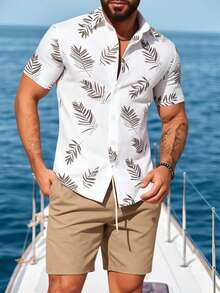 Manfinity RSRT 男士休闲树叶印花短袖衬衫短裤套装，夏季 - 彩色 - 查看 5