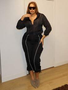 MelDlgn Plus Size Women Elastic Waist Drawstring Cargo Pants With Hem Embellishment Fall Cloth For Women - Black - View 6