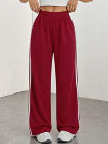 SHEIN PETITE Quần dài nữ kiểu dáng thường ngày, kẻ sọc bên hông. - Gỗ đỏ - Xem 6