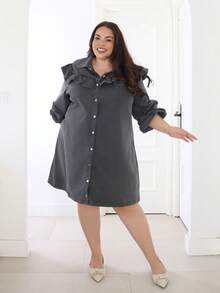 Pretty and Ole Plus Size Women Long Sleeve Single-Breasted Ruffle Patchwork Casual Denim Dress - Black - View 4