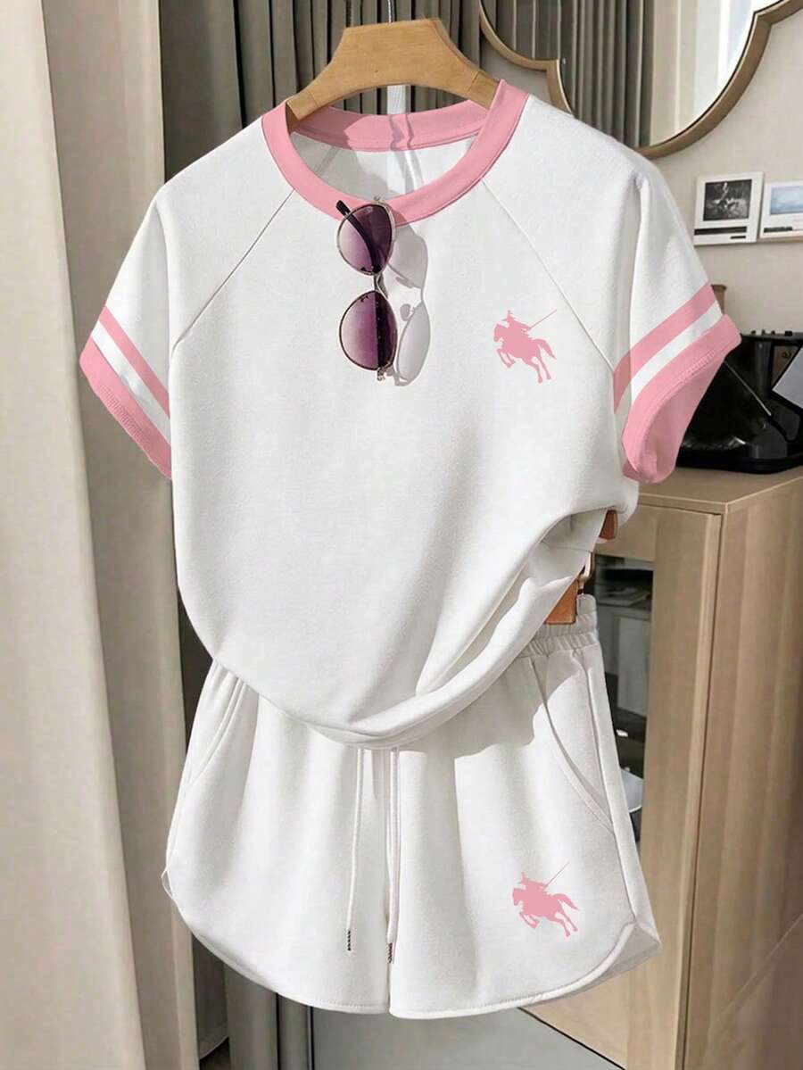 少女两件套，休闲粉色条纹半人马印花口袋T恤搭配宽松撞色滚边针织短裤，适合日常休闲场合，春夏穿着，轻盈舒适，返校必备，夏季少女装扮 - 彩色 - 查看 1