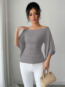 Celisse Knitted High Elasticity Flare Sleeve Women T-Shirt - Grey - View 3
