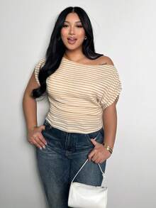 Firerie Plus Size Women Textured Striped Asymmetric Shoulder Ruched Batwing Sleeve T-Shirt Top, Blouse, Spring Summer Autumn Casual Commute Elegant Work Wear - Multicolor - View 4
