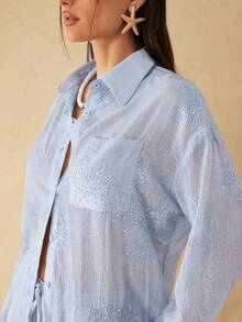 Silquee Women's Light Blue Floral Embroidered Pyjamas Set Two Piece,Boho Drop-Shoulder Long-Sleeved Single-Breasted Pocket Shirt,Holiday Vacation Autumn - Blue - View 8