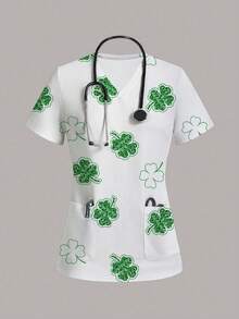 PopScrub 女士三叶草印花V领休闲日常工作服上衣 - 彩色 - 查看 1
