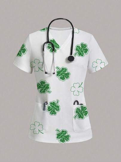 PopScrub 女士三叶草印花V领休闲日常工作服上衣