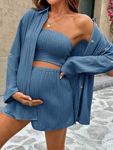 SHEIN 三件套孕妇装：纯色卷袖纽扣衬衫、露脐吊带背心和可调节腰围短裤，休闲款 - 藍色 - 查看 3