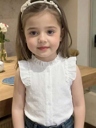 4-7岁女童白色休闲荷叶边无袖开衫衬衫，舒适柔软，适合春夏外出穿着，也是返校礼物的好选择。