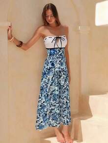 SHEIN Swim Oasis 女士蓝白碎花抹胸系带撞色褶皱性感沙滩度假泳衣套装，夏季 - 藍白色 - 查看 5