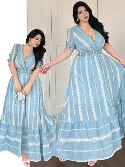 Vibekara Vestido regular de primavera/verano de estilo francés, bohemio y bordado para tallas grandes