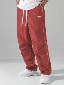 Manfinity Hypemode Men's Long Dark Red Sporty Wide Leg Woven Fabric Pants With Lettering Detail And Pockets - Dark Red - View 3