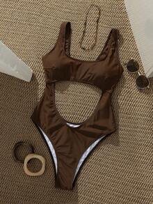Swim SXY Women's Solid Color One-Piece Hollow-Out Swimsuit For Summer Beach - Chocolate Brown - View 4