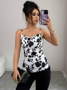 Elenzga Camiseta de mujer con estampado floral, elegante, con pliegues y botones decorativos - Blanco y Negro - Ver 4