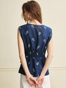 Écloséra Women's French Vintage Navy Blue Floral Sleeveless Shirt,Elegant Summer Brunch Textured Soft Fabric Embroidered Casual Vacation Blouse Top - Navy Blue - View 2