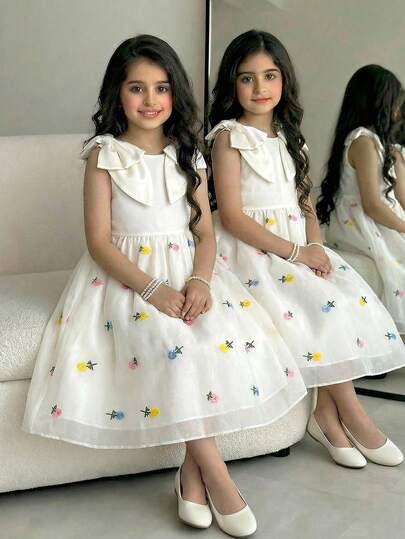 Glamorique Kids Young Girls Spring/Summer Shallow Apricot New Dress, Detachable 3D Bow Decor On Shoulders, Apricot Solid Color Satin Fabric Patchwork With Delicate Floral Embroidery And Mesh, Sleeveless Round Neck Dress, Suitable For Young GirlHigh-End, Elegant, Graceful, Lady-Like, Suitable For Daily, School, Outing, Holiday, Party, Spring/Summer Occasion Princess Dress Young Girl Floral Pattern Dress Kids Jacquard Dresses Bow Dress For Girls Flower Girl Dress Flower Girl Dress Princess Dress Young Girl Floral