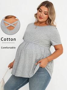 Plussiva Women's Plus Size Maternity Top,Plain Grey Summer Smart Casual Everyday Cotton Short Sleeve Babydoll Tops,Cross Straps Back Nursing Clothes Blouse - Grey - View 2