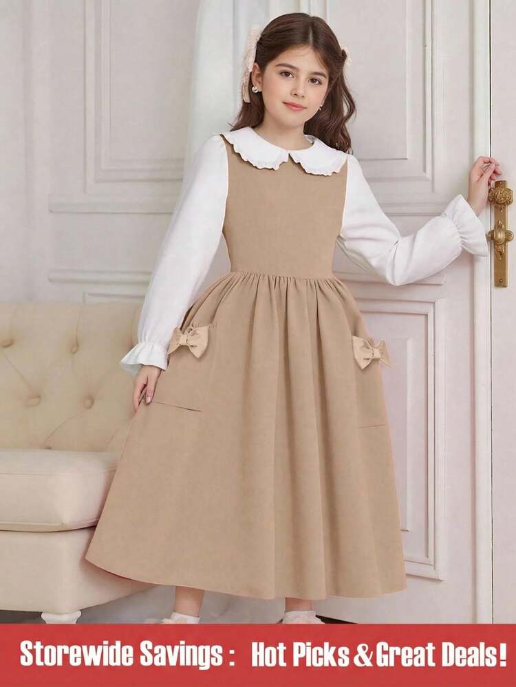 SHEIN 女童彼得潘領蝴蝶結口袋甜美白色長袖背心裙 秋季女童服裝 親子套裝 返校季校園穿搭 - 卡其色 - 查看 1
