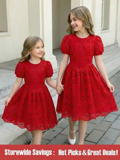 SHEIN فستان أنيق بأكمام بتلة حمراء على شكل حرف A للأطفال الأكبر سناً، مناسب للربيع والصيف، مزين بالتطريز، مناسب للتجمعات العائلية والمناسبات والارتداء اليومي