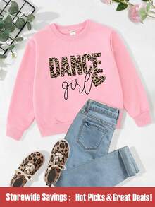 SHEIN Young Girl Cute Casual Leopard Print Letter Pattern Basic Round Neck Sweatshirt Sweatshirt - Pink - View 1