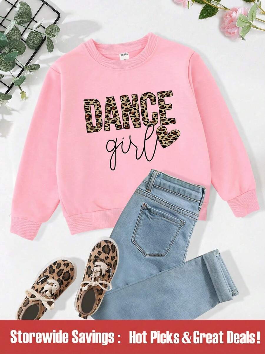 SHEIN Young Girl Cute Casual Leopard Print Letter Pattern Basic Round Neck Sweatshirt Sweatshirt - Pink - View 1