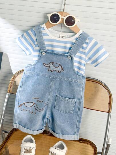 SHEIN Playful Pals Baby Boy Striped T-Shirt & Cute Cartoon Elephant Denim Bib Pants Set (Sleeve Stripes Random)