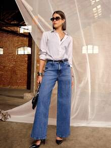 Daynim Quần jeans ống rộng cạp cao không thắt lưng - Rửa trung bình - Xem 3