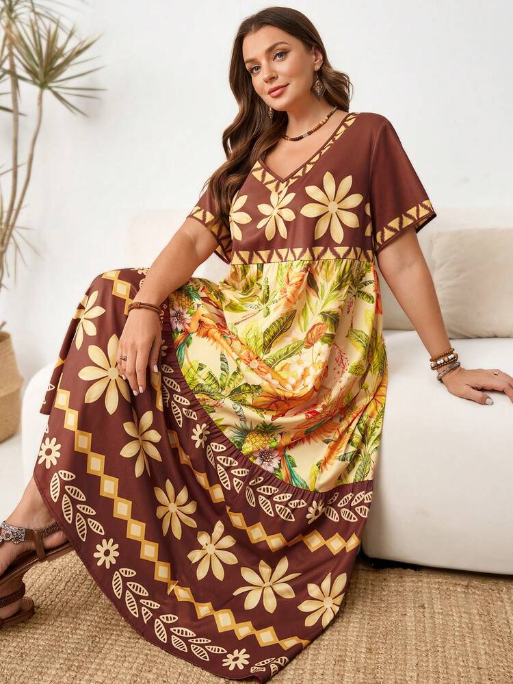 Plus Size Women V-Neck Floral Print Casual Vacation Dress