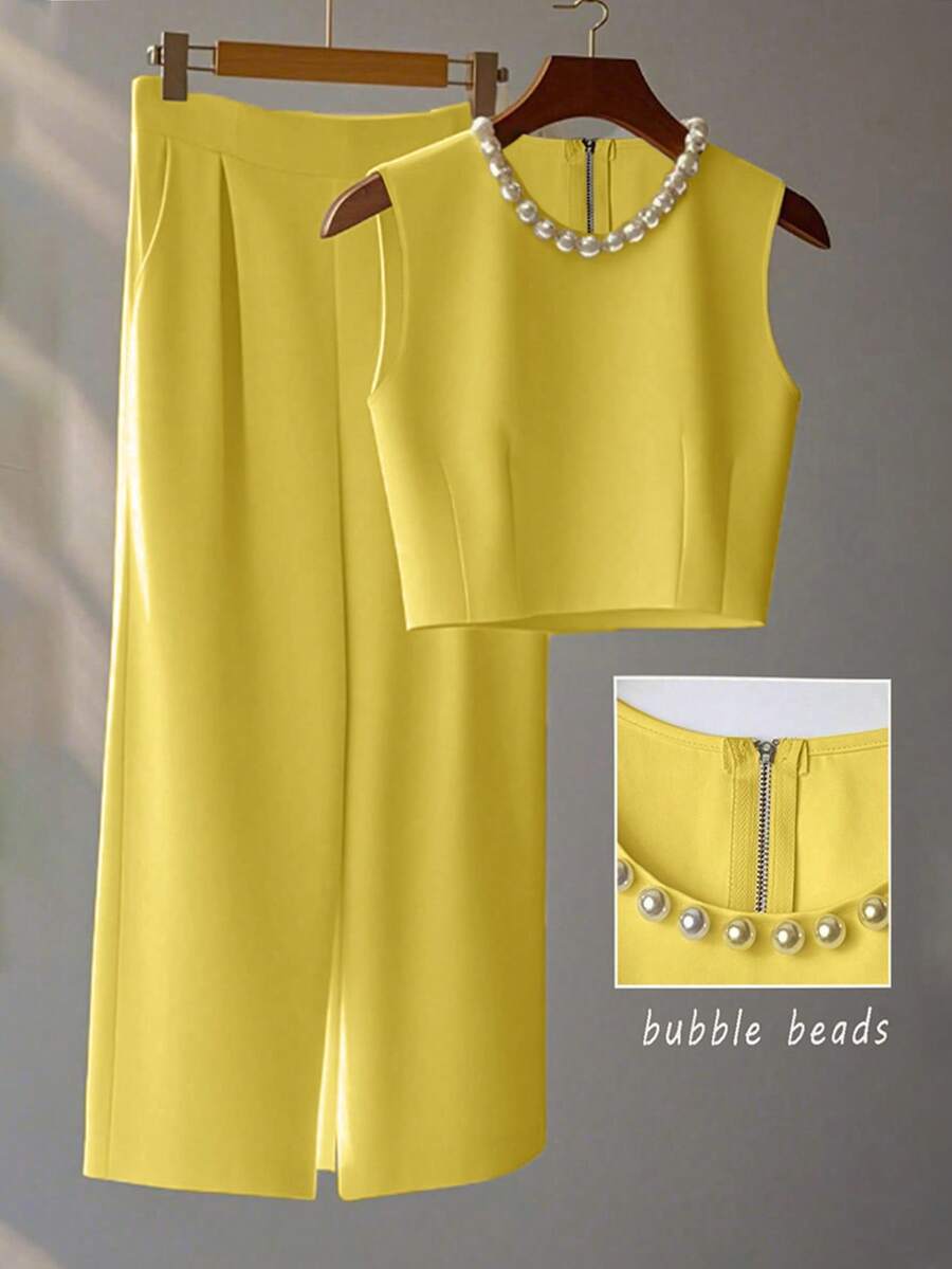 Franclia 法式高级时尚立体串珠无袖上衣搭配层叠阔腿裤夏季两件套 女士夏季服装 夏季两件套 夏季女装两件套 女士夏季套装 女士两件套服装 女士黄色套装 女士夏季套装 女士两件套服装 女士两件套 女士夏季两件套 女士套装 女士两件套服装 女士套装 无袖上衣搭配阔腿裤 - 鵝黃色 - 查看 1